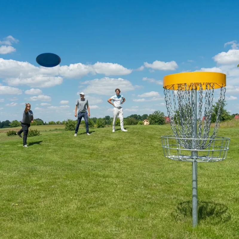 Drei Erwachsene stehen im Hintergrund, ein Discgolf-Korb ist im Vordergrund, auf den eine Frisbee zufliegt
